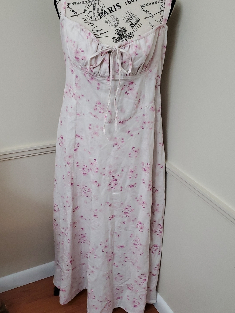 Sim & Sam Ivory Pink Floral Milkmaid Midi Dress XL Linen Blend Corset Tie